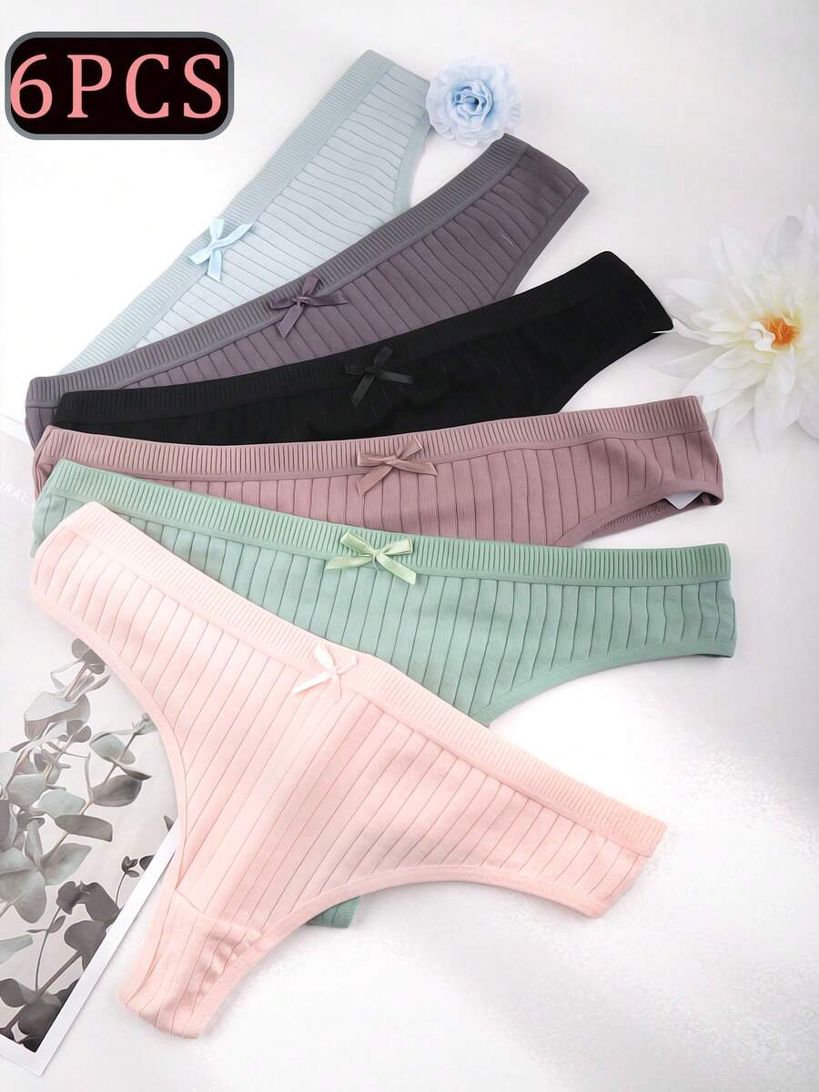 6 Pieces Of Solid Color Women's Underwear, Butterfly Knot Decoration Women's Thong, Simple Design, Ideal Choice For Various Daily Wear, Summer - Nhiều màu - Xem 1