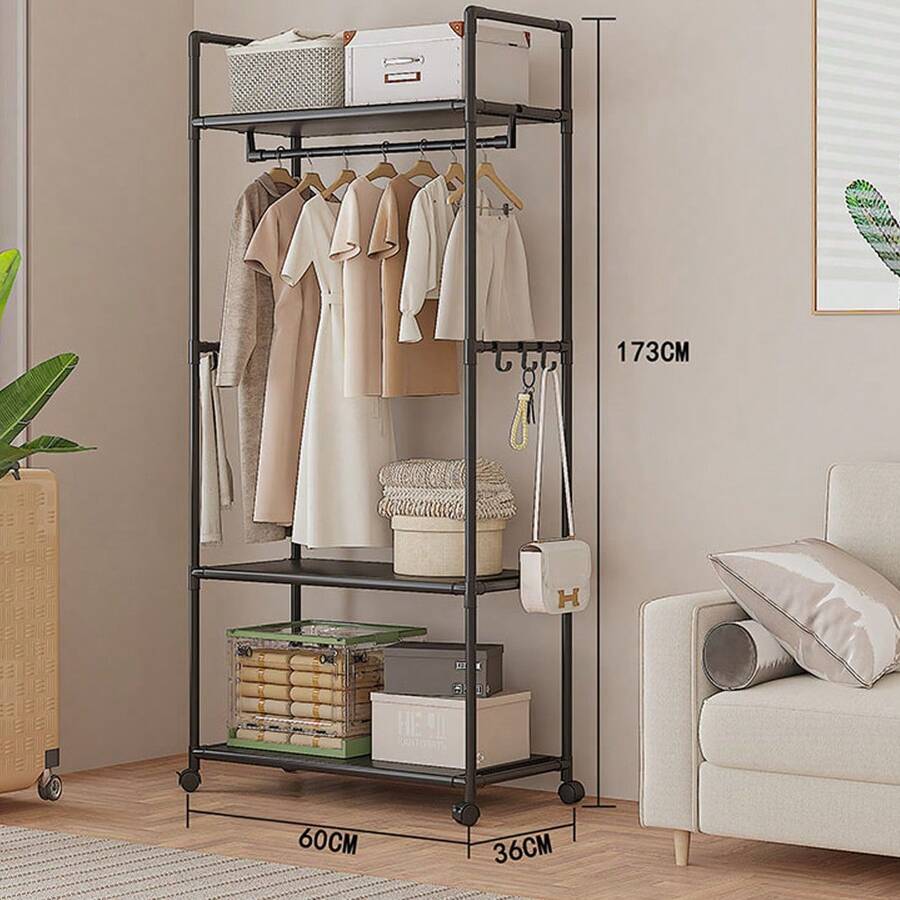 Multifunctional Clothes Rail Garment Hanging Stand Shoe Rack Home Storage Shelf - Black - View 1