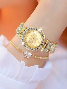 两件套优雅水晶石英表，奢华全镶钻女士腕表搭配心形钻石手链，适合节日、派对、婚礼、聚会和日常佩戴，是送给女性的最佳礼物。 - 金色 - 查看 4