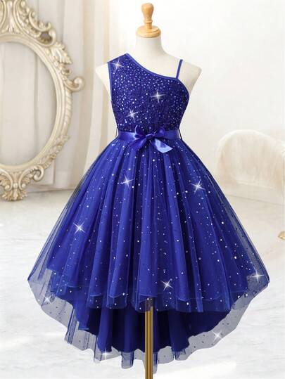Girls Sequin Asymmetric Shoulder Lightweight Dress, Elegant Tulle Bow Princess Dress Suitable For Birthday Party