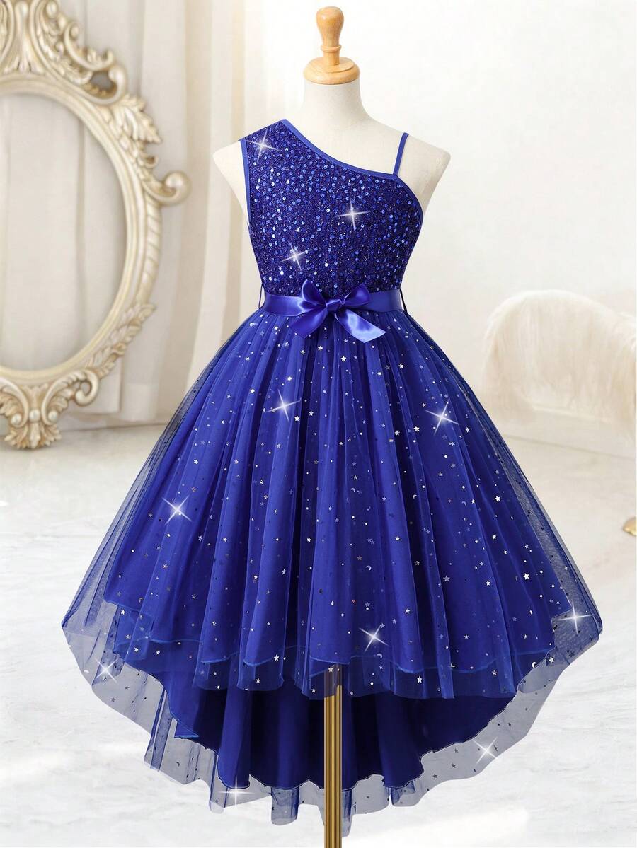 Girls Sequin Asymmetric Shoulder Lightweight Dress, Elegant Tulle Bow Princess Dress Suitable For Birthday Party - Blue - View 1
