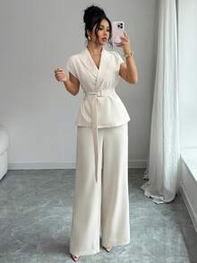 Women's Elegant Tie-Front Sleeveless Top And Wide-Leg Pants Set, Made Of Non-Stretch Fabric, Suitable For Spring/Summer Wear - Apricot - View 4