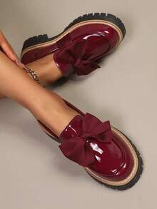 New Women Loafers Thick Sole Fashion Versatile Leather Upper Slip-On Round Toe Black Bow Shoes, Suitable For Spring And Autumn - Burgundy - View 3