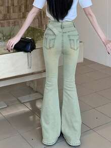 新款百搭简约女式牛仔裤，带口袋和腰带 - 中等水洗藍 - 查看 3