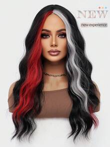 clouder 哥特朋克黑灰红双色长波浪卷假发，26英寸中分刘海，耐热合成纤维假发，女士哑光质感卷发，适合日常角色扮演、节日派对、音乐节、Y2K街头风、前卫学院风、现代时尚朋克美学。 - 彩色 - 查看 12