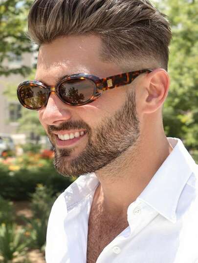 1副男士豹纹椭圆形PC框复古宽腿时尚眼镜