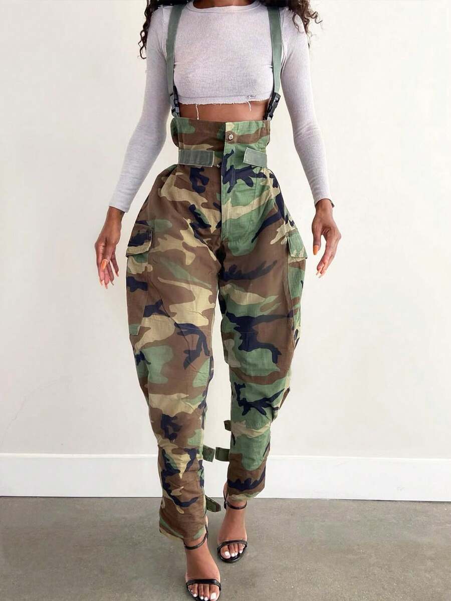 Magic Mia Valentine's Day, Date Night Outfit, Gifts For Her Women's Camo Print Two-Piece Outfit - Adjustable Suspender & High-Waisted Baggy Cargo Pants For Urban Street Outings, Social Gatherings (Baggy Cargo Silhouette & Bold Camo Pattern) For Effortlessly Cool Stylish Looks - 迷彩 - 查看 1