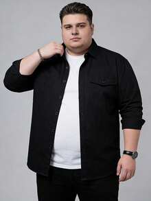 男士立领长袖衬衫，户外加大码单口袋休闲长袖衬衫，经典黑色立领衬衫 - 黑色 - 查看 3