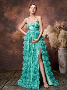 Faeriesty Elegante vestido de fiesta largo con tirantes finos para embarazadas, con detalles fruncidos en el pecho para una dimensión femenina, bajo con volantes y abertura, con múltiples capas de volantes, ideal para bodas de primavera, celebraciones del Día de la Madre y eventos de baby shower - Verde - Ver 1