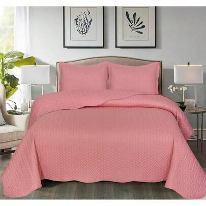 3pcs Quilted Leaf Motif Bedspread Set – Coverless Comforter With 2 Pillow Shams, Lightweight All-Season Bedding For Summer & Winter – Soft Mono Quilt Design