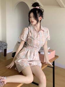格子纽扣衬衫裙 - 粉色 - 查看 1
