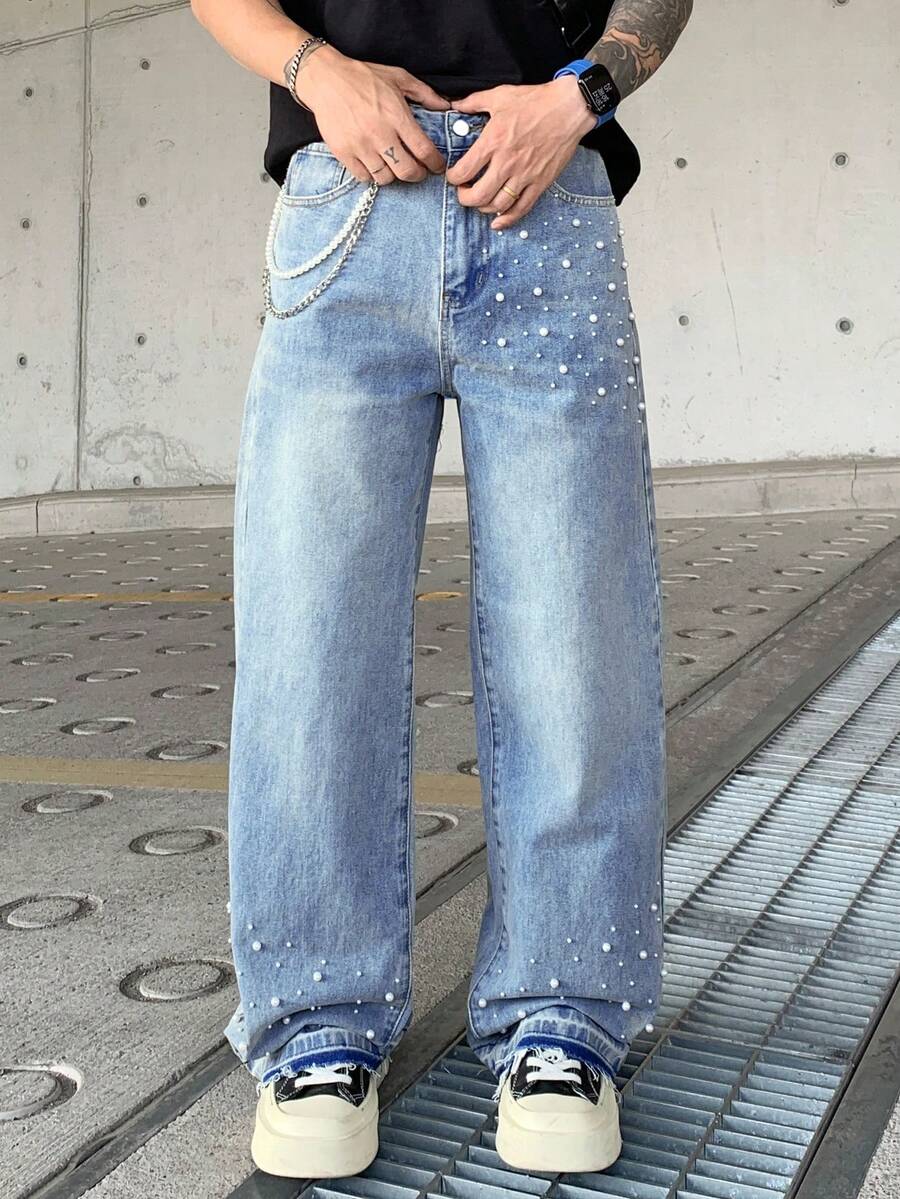 Men's Loose Fit Washed Faded Denim Jeans, Wide Leg Relaxed Gothic Rock Street Fashion Design, Suitable For All Seasons - Blue - View 1