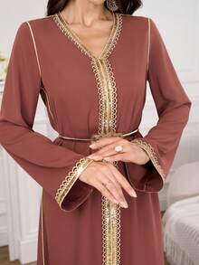 雪纺V领金色蕾丝超长阿拉伯风格女士长裙 - 棕色 - 查看 7