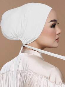 1pc Women's Fashionable Solid Color Elastic Drawstring Hooded Turban Headscarf Matching Shawl, Suitable For Daily Wear Headband Soft Hijab For Abaya Breathable Under Cap Women Veil NASO - màu đen - Xem 5