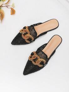 Women's Elegant Black Mesh With Metal Buckle Flat Pointed Toe Mule Slippers (Shoe Upper Pattern Is Random Basic Style) - Black - View 5