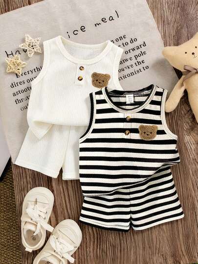 Bhchntiy 4pcs/Set Newborn Baby Boys Summer Solid Color & Striped Waffle Cute Bear Snap Placket Round Neck Top And Solid Color Shorts Casual Fashion Outfit