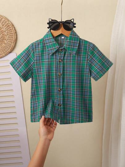 Young Boy's Plaid Collar Short Sleeve Single-Breasted Casual Shirt, Summer