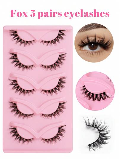 5 Pairs 5D Thick & Dense False Eyelashes, Natural Look, DD Curled & Fluffy Fake Lashes, Cat Eye Lashes, Faux Mink Lashes, Fluffy Cartoon Eyelashes, Makeup Tools, Suitable For All Occasions, Curled & Voluminous Lashes