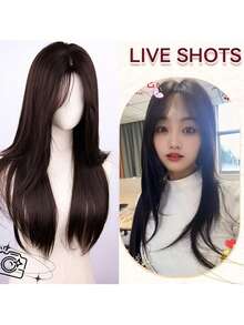 Peluca sintética recta de 28 pulgadas de largo elegante para mujeres, fibra resistente al calor, gorro de red de rosa, densidad del 150% - perfecta para uso diario y de fiesta, 70 cm, especial - Marrón - Ver 5