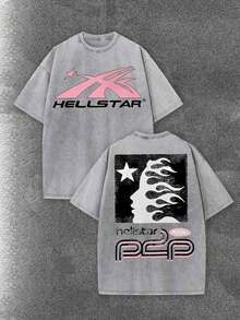 Worn-Out Washed Men's Short-Sleeved Shirt, Featuring A Pink Meteor Flame Human Face Silhouette Pattern In Letters On A Double-Sided Print, Retro Casual Loose Men's T-Shirt, Comfortable And Versatile Men's Clothing - Xám - Xem 1