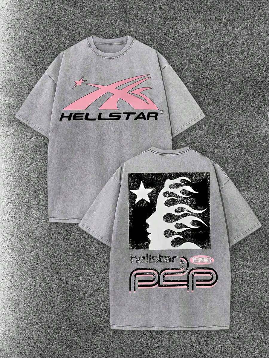 Worn-Out Washed Men's Short-Sleeved Shirt, Featuring A Pink Meteor Flame Human Face Silhouette Pattern In Letters On A Double-Sided Print, Retro Casual Loose Men's T-Shirt, Comfortable And Versatile Men's Clothing - Xám - Xem 1