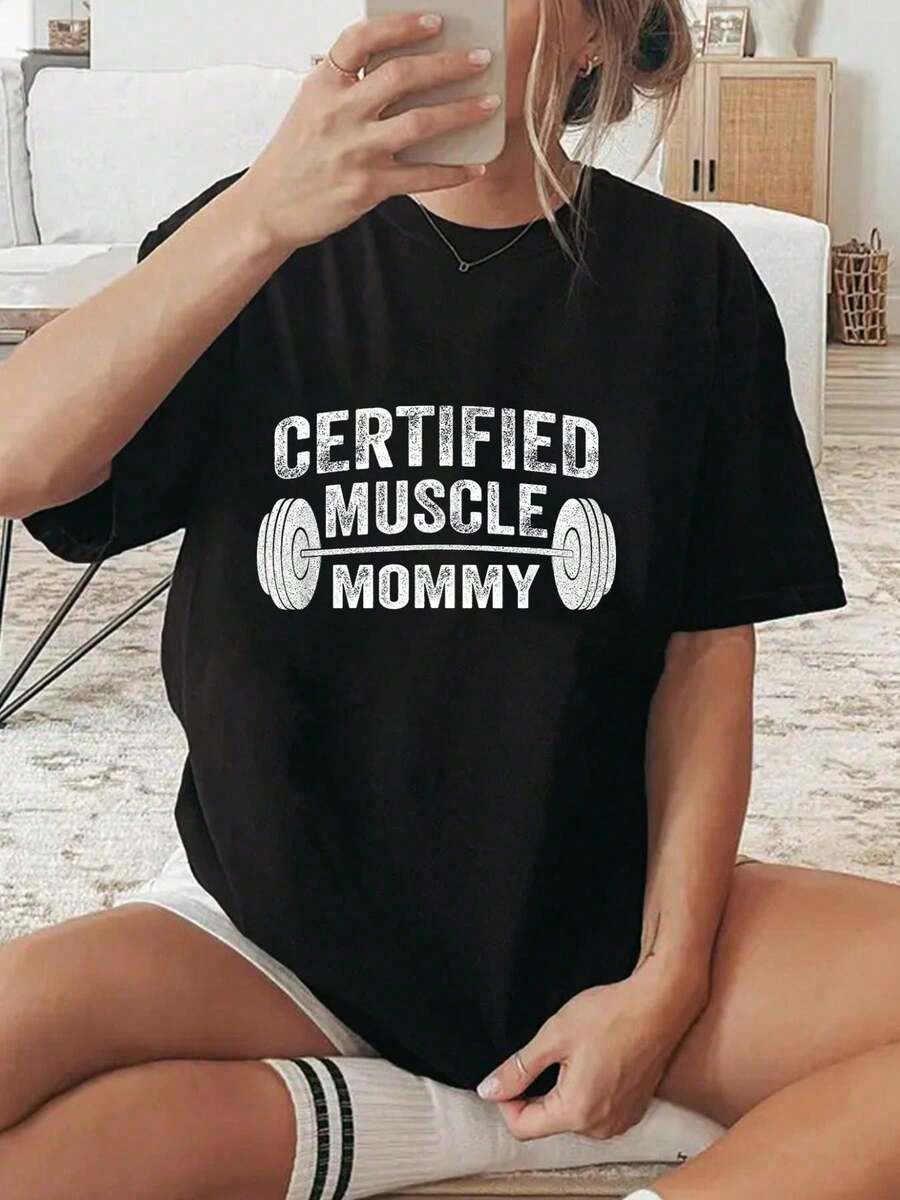 100% Cotton Certified Muscle Mommy T-Shirt Women Graphic T-Shirt Cotton Print Short Sleeve Casual Top, Summer Tee Womens Tops - Black - View 1