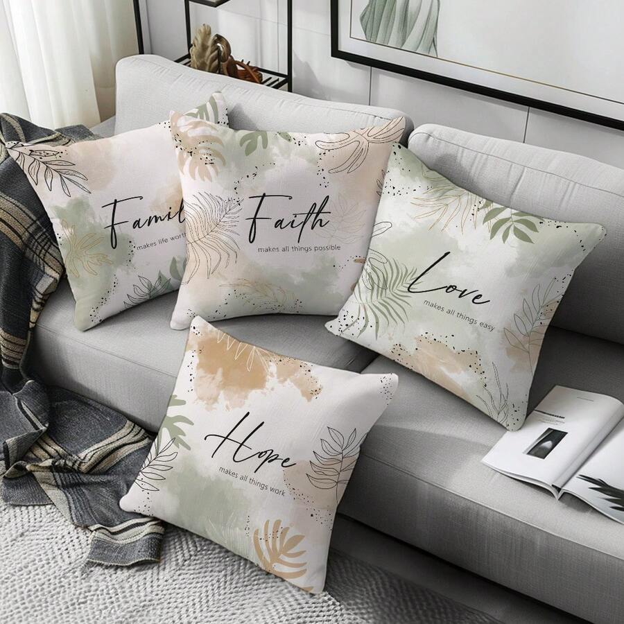 4pcs Inspirational Text & Watercolor Floral Pattern Throw Pillow Covers, Single-Sided Soft Peach Velvet Material, 45*45CM Cushion Covers For Home Indoor Bedroom Living Room Party Decor, Sofa Decorative Pillow Covers, Holiday Gift, No Pillow Insert - Multicolor - View 1