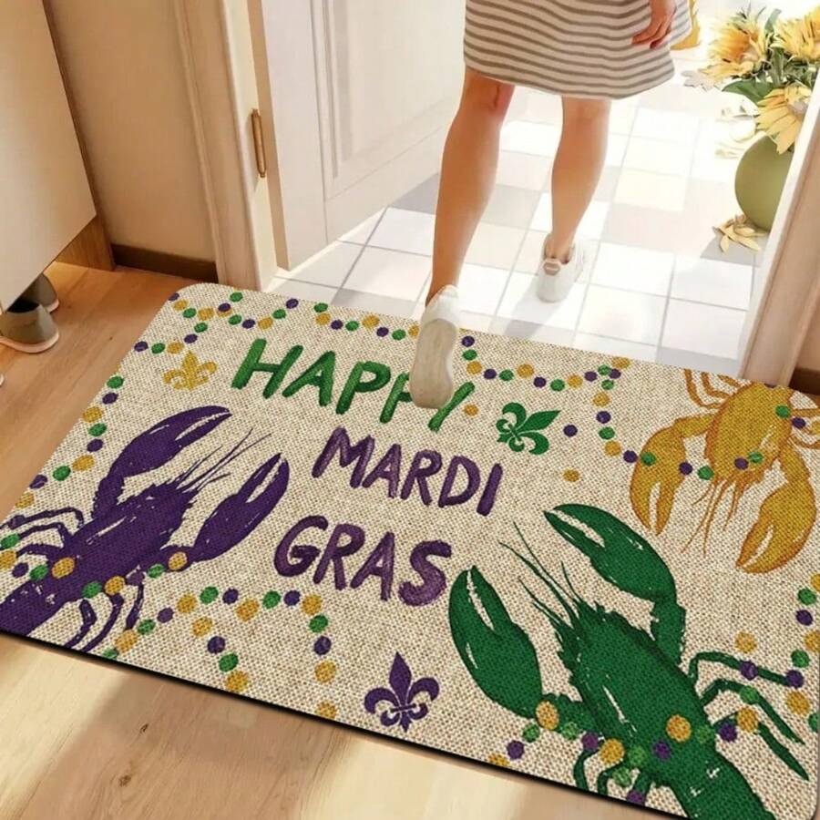 1pc Happy  Gras Lobster Doormat - Non-Slip Machine Washable Indoor/Outdoor Mat With Lobster &  Gras Decorations, Purple & Golden Coastal Design For EntrywayOpen In New Tab - 1PC-18*30inch - View 1