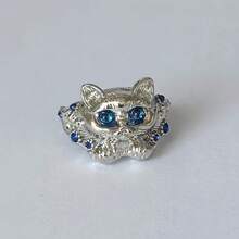 1枚优雅镀银蓝色锆石猫咪戒指，可爱蓝眼睛小猫戒指，适合日常佩戴、珠宝首饰、派对等场合。 - 銀色 - 查看 3