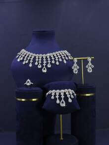 5pcs Luxury Royal Style Water Drop Tassel Design Bridal Wedding Set Including Necklace, Bracelet, Earrings, Ring, Suitable For Daily Wear And Wedding, Wedding Anniversary Gift. (Gift Box Packaging) Free - White - View 10