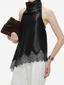 Women's Top Elegant Funnel Neck Backless Lace Contrast Solid Satin Top - Black - View 1