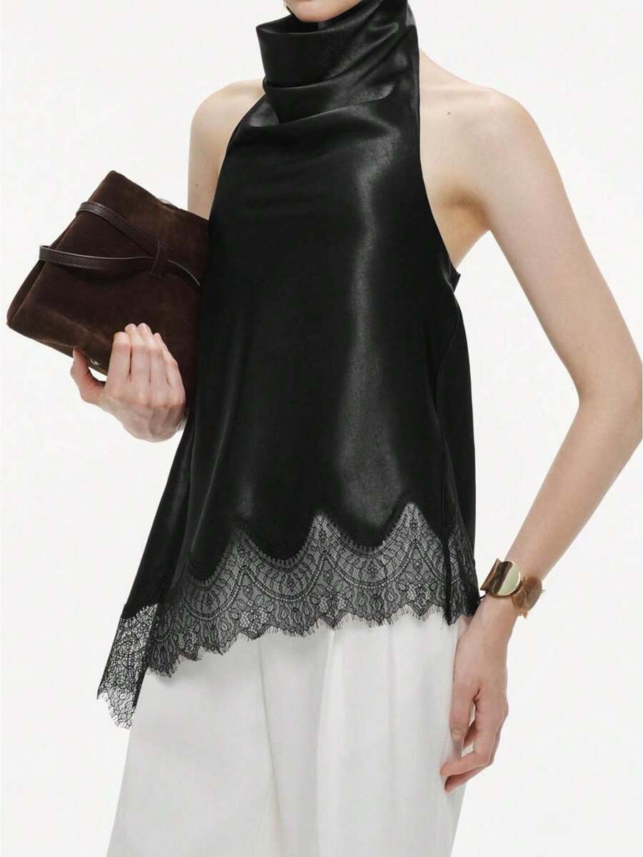 Women's Top Elegant Funnel Neck Backless Lace Contrast Solid Satin Top - Black - View 1