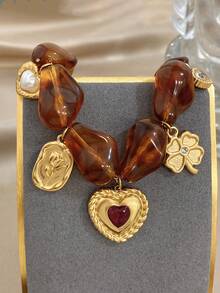 1条复古甜心琥珀心形花朵吊坠手链，18K镀金不锈钢材质，可调节，奢华优雅女士饰品，适合约会、下午茶、音乐节、生日礼物、浪漫波西米亚风配饰、情人节、派对、晚宴、日常佩戴、约会、新年、婚礼、海滩、圣诞节周年纪念日等场合。 - 彩色 - 查看 4