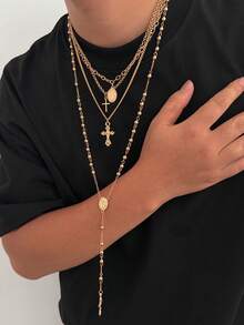 4pcs/Set Fashionable Versatile Men's Cross & Ball Chain Necklace Set, Suitable For Casual And Work Outfits - Gold - View 9