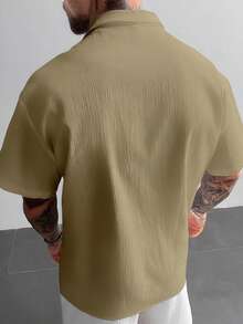 GloMan 复古风男士亚麻短袖衬衫，宽松休闲舒适沙滩衬衫，适合夏季度假，父亲节礼物，白色衬衫 - 卡其色 - 查看 5