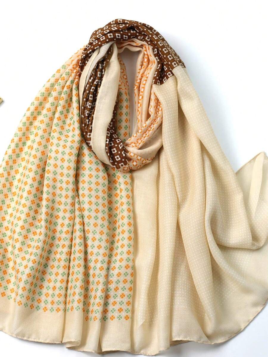 1pc Women's Fashion Casual Clover Print Scarf/Shawl, Suitable For Travel And Vacation - Multicolor - View 1