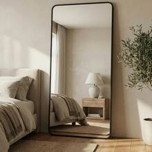 Rounded Rectangular Mirror 110x50 Genuine Leather Black Caramel And Ice - 黑色 - 查看 1