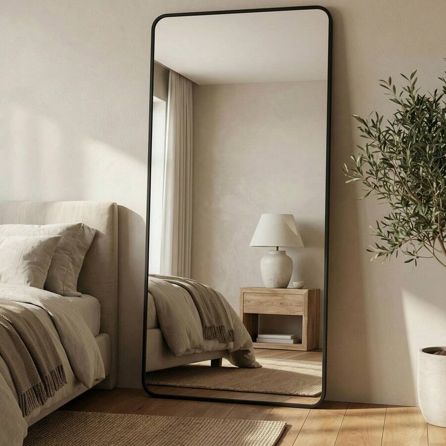 Rounded Rectangular Mirror 110x50 Genuine Leather Black Caramel And Ice - 黑色 - 查看 1