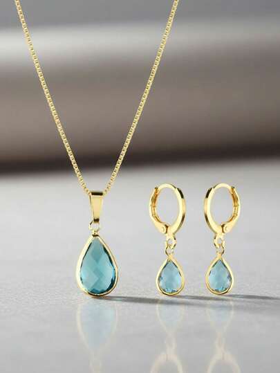 Conjunto Colar e Brincos Gota Azul Aquamarine - Banho Dourado Antialérgico