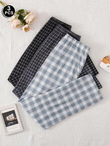 3 Pack Men's Plaid Pajama Pants, Elastic Waist Loose Fit Comfortable Lounge Pants, Multi-Color Options - Multicolor - View 1