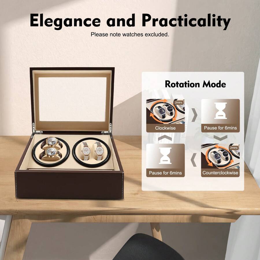 Automatic Watch Winder Display Box, 4+6 Automatic Rotation Leather Wood Watch Winder Collector Display Box (Black/Brown) - Brown - View 1