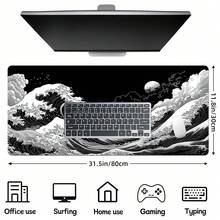 Tapete de Mouse para Jogos com Padrão de Onda Estilo Japonês, Impresso com o Design Vibrante da Grande Onda de Kanagawa de Hokusai em Azul e Vermelho. - Protetor de Mesa com Padrão Preto e Branco - Com Bordas Costuradas com Precisão e Base de Borracha Antiderrapante, Disponível em Vários Tamanhos: 15,7*35,4 Polegadas (40*90 Cm). - B - Visão 8