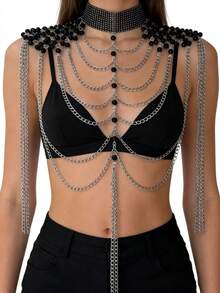 1pc Gothic Style Sexy Black Spaghetti Strap Metal Tassel Chain Body Chain, Luxury Shoulder Chain, Fashion Queen Party Outfit - Black - View 3