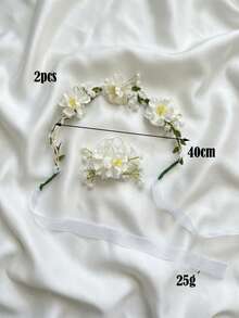 2件套米色网纱玫瑰花冠+花朵手链套装，适合女孩和女士，可用于婚礼、新娘、派对、拍照道具、周年纪念、情人节礼物、亲子装。 - 米色 - 查看 3