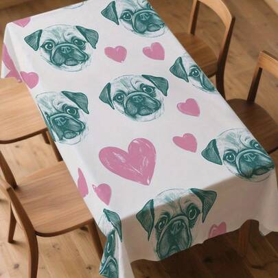 1pc Cute Pug Dog & Pink Heart Tablecloth, Featuring Pug Face Print - Turquoise & Pink Puppy Design, Durable Fabric Rectangular Tablecloth, Suitable For Party, Dining Table, Easy To Clean Pet Themed Tableware