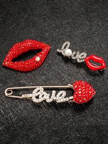 一套情人节红色水晶唇形胸针，红色心形胸针，优雅时尚珠宝礼物，适合女性在约会和各种场合佩戴 - 紅色 - 查看 2