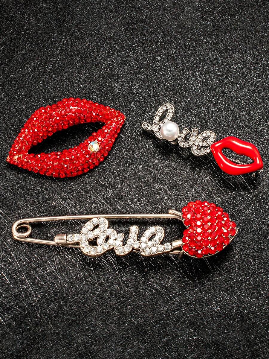 一套情人节红色水晶唇形胸针，红色心形胸针，优雅时尚珠宝礼物，适合女性在约会和各种场合佩戴