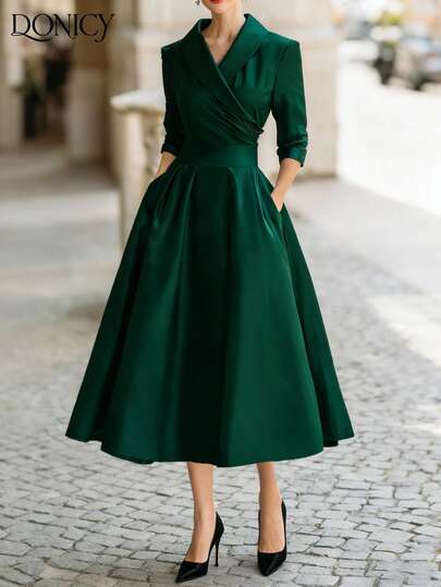 DONICY Women's Autumn/Winter Luxury Elegant Satin Cross Collar Long Sleeve Fitted Shirt Dress, Suitable For Dates, Parties, Business Events, And Commuting