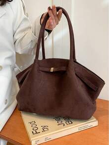 Dedoo 1pc Faux Suede Tote Bag, Large Capacity Solid Color Mature Elegant Ladies Handbag, Retro Style Work Bag, Suitable For Girls, Women, College Students, Office Workers - 棕色 - 查看 3
