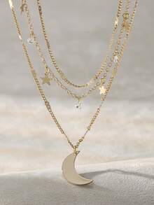 Nooxian 3件套女士星月锆石吊坠项链（吊坠数量随机）（压扁后的数量和间距随机） - 金黃色 - 查看 5